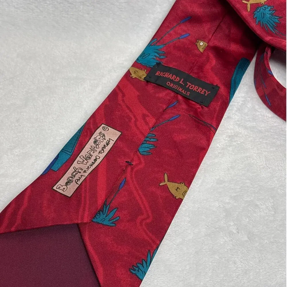 Richard‎ L. Torrey Men's Neck Tie Fishing Theme Bench Wormers Funny Retro
